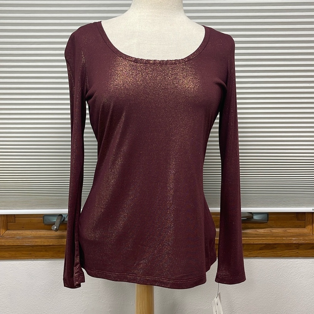 Liz Claiborne NWT Maroon Berry Gold Shimmer Long Sleeve Top Size Small